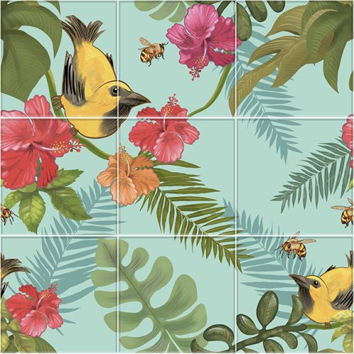 Floral tile mural - Hibiscus and bird