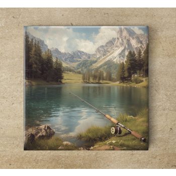 Fishing trivet tile with mountain scenery, lakeside view and rod