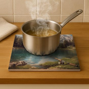 Fishing trivet tile with mountain scenery, lakeside view and rod