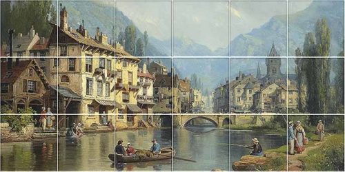 Ceramic tile mural - an alpine town in spring