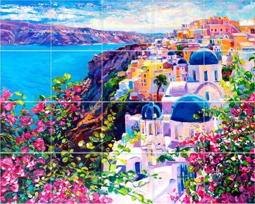 Santorini Tile Mural – Mediterranean Wall Art with Blue Domes