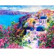Santorini Tile Mural – Mediterranean Wall Art with Blue Domes
