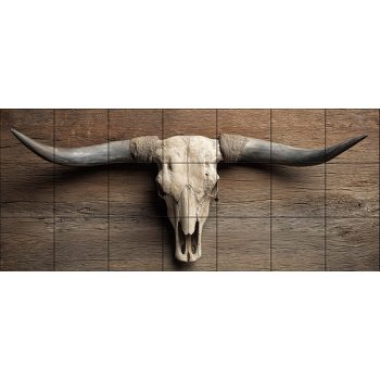 Tile mural with longhorn skull and wooden background Tile mural with longhorn skull and wooden background