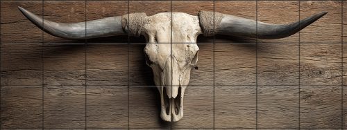 Tile mural with longhorn skull and wooden background