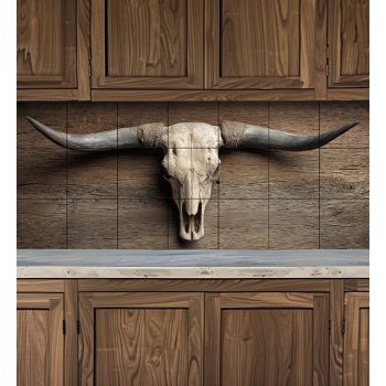 Tile mural with longhorn skull and wooden background