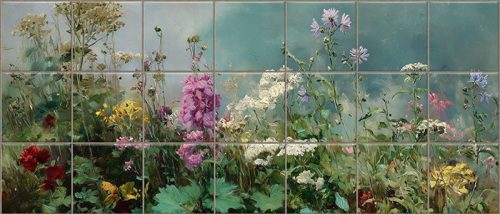 Wildflower ceramic tile mural with purple, red, white and yellow flowers, green leaves and blue sky background