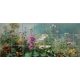Wildflower ceramic tile mural with purple, red, white and yellow flowers, green leaves and blue sky background