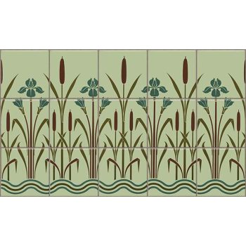 Tile mural with reeds, irises and stylized water wave motif
