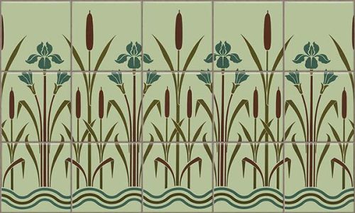 Tile mural with reeds, irises and stylized water wave motif
