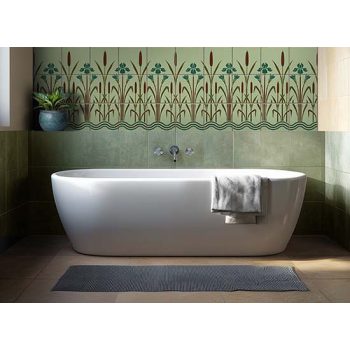 Tile mural with reeds, irises and stylized water wave motif