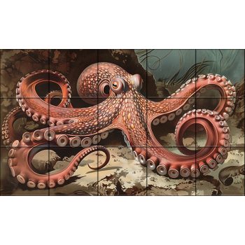 Octopus in underwater scenery – ceramic tile mural with sea life Octopus in underwater scenery – ceramic tile mural with sea life