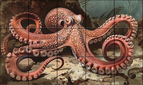 Octopus in underwater scenery – ceramic tile mural with sea life