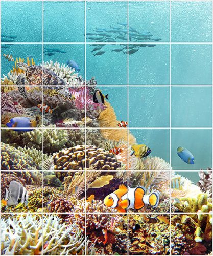 Tile mural with tropical fish, coral reef, and sea turtle