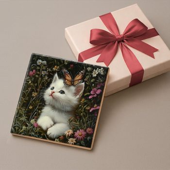 Kittem with butterfly and dandelion - ceramic tile trivet