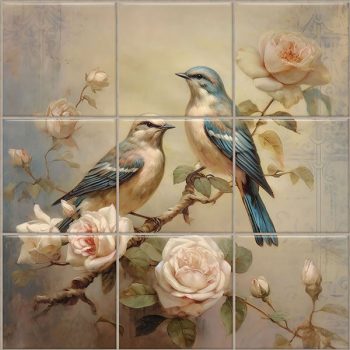 Romantic ceramic tile mural with two birds and rose branches Romantic ceramic tile mural with two birds and rose branches