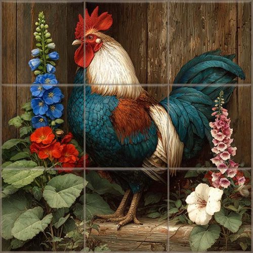 Tile mural with rooster and blooming garden flowers on rustic wood