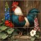 Tile mural with rooster and blooming garden flowers on rustic wood