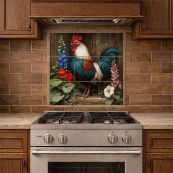 Tile mural with rooster and blooming garden flowers on rustic wood