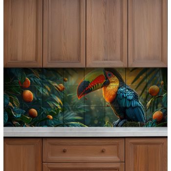 Colorful toucan on a tropical branch with berries in sunlit jungle – exotic tile mural