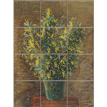 Mimóza csokor dekorcsempe csempekép zöld vázában barna háttérrel