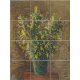 Mimosa bouquet ceramic tile mural in green vase with brown background