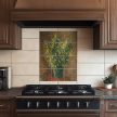 Mimosa bouquet ceramic tile mural in green vase with brown background