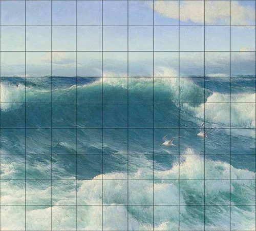 Ceramic tile mural with ocean waves and seagulls in a classic painting style