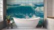 Ceramic tile mural with ocean waves and seagulls in a classic painting style